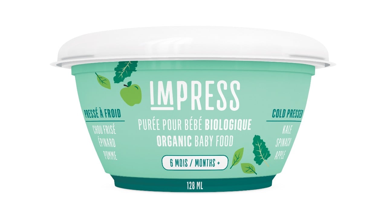 container of spinach, kale and apple cold pressed baby food